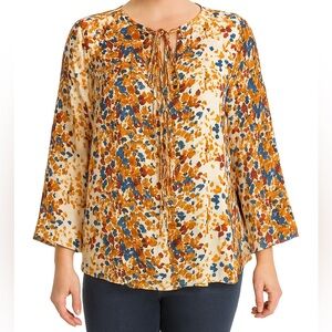 Hippie Laundry Chords of Fringe Tie Neck Floral Bell Sleeve Pullover Women’s M